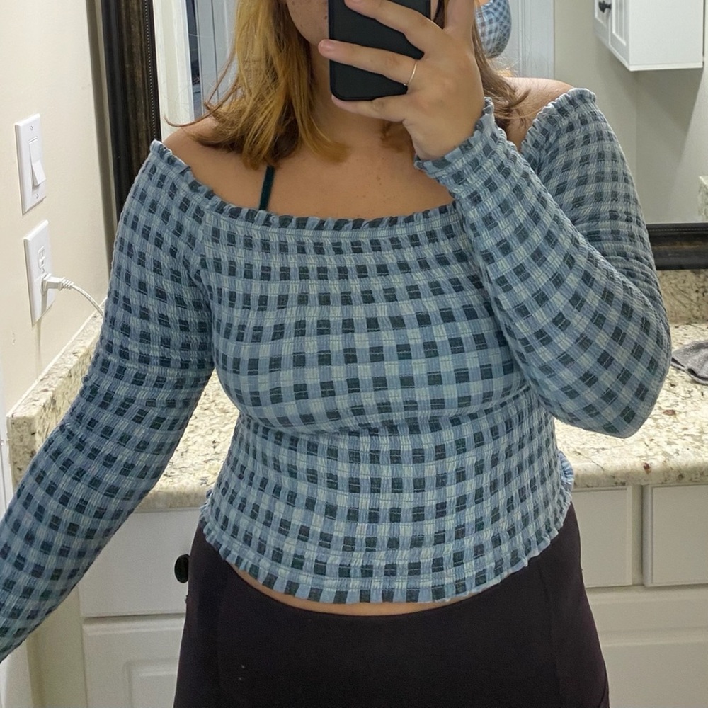 Wild fable plaid off shoulder crop top
